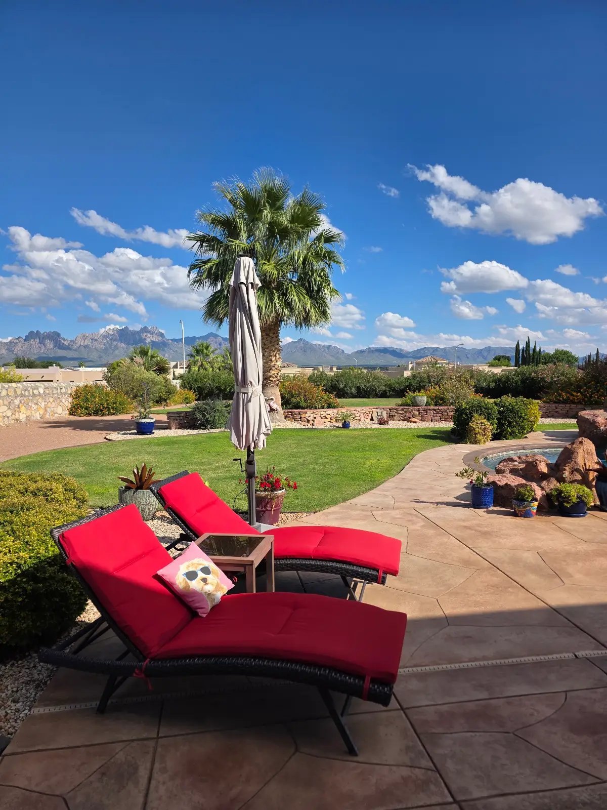Red outdoor loungers staged on a patio with Organ Mountain views, Las Cruces